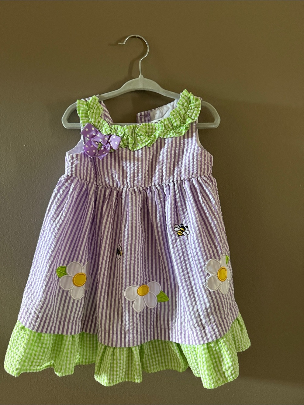 Rare Editions Lavender Striped Dress with Lime Ruffle & Floral Appliqués
